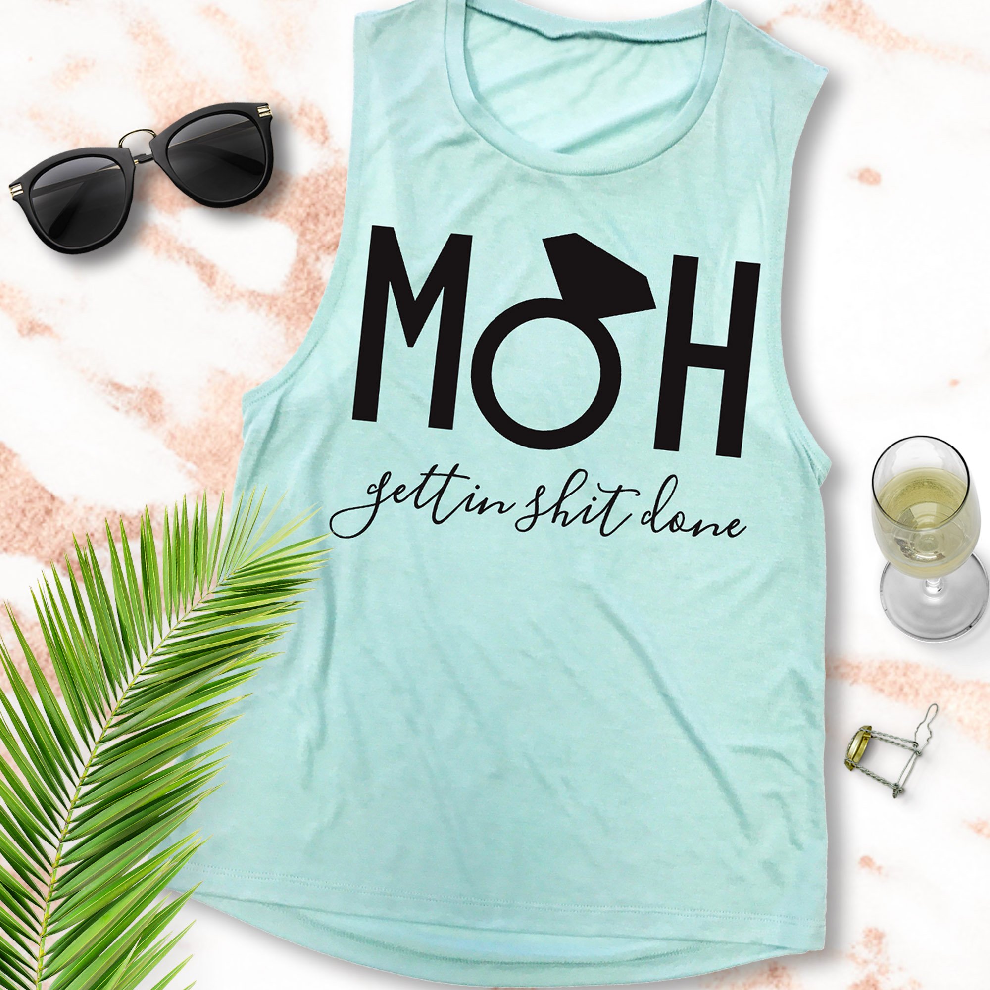 MOH Maid of Honor Gettin $hit Done Muscle Tank Top in black, peach, and sea foam colors, showcasing its stylish design and comfortable fit.